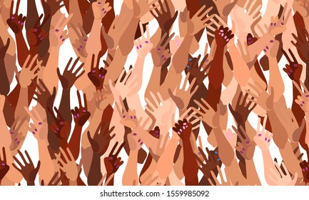 Illustration of a group of people's hands with different skin color together. Diverse crowd, race equality, communication vector art in minimal flat style. Seamless tile pattern.