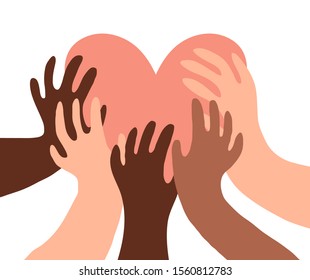 Illustration of a group of people's hands with different skin color together holding a heart. Diverse crowd, race equality, communication vector art in minimal flat style.