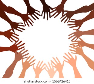 Illustration of a group of people's hands with different skin color together. Diverse crowd, race equality, communication vector art in minimal flat style.