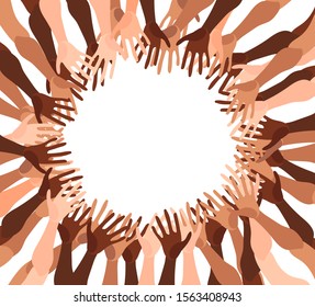 Illustration of a group of people's hands with different skin color together. Diverse crowd, race equality, communication vector art in minimal flat style.