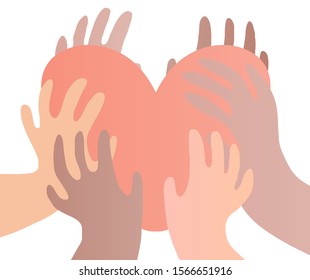 Illustration of a group of people's hands with different skin color together holding a heart. Diverse crowd, race equality, communication vector art in minimal flat style.