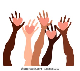 Illustration of a group of people's hands with different skin color together holding a heart. Diverse crowd, race equality, communication vector art in minimal flat style.