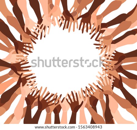 Illustration of a group of people's hands with different skin color together. Diverse crowd, race equality, communication vector art in minimal flat style.