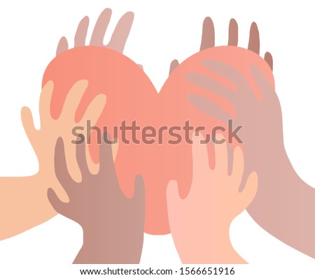 Illustration of a group of people's hands with different skin color together holding a heart. Diverse crowd, race equality, communication vector art in minimal flat style.