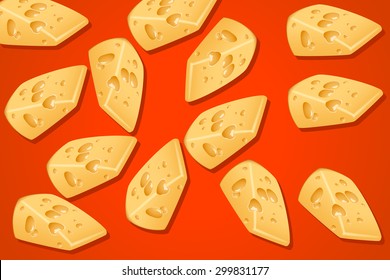 illustration of group of pieces of yellow cheese on red background