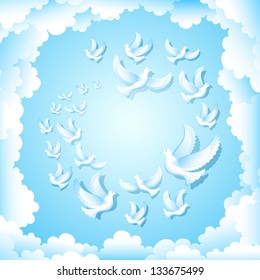 illustration of group of pigeon flying in sky