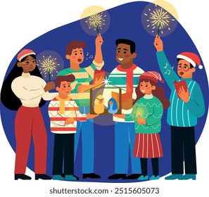 grupo de ilustración de peregrinos pidiendo posada en la celebración de Navidades Posada Tradición México