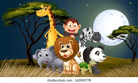 Illustration of a group of playful animals under the bright full moon