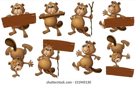 Illustration of a group of playful beavers with empty signboards on a white background