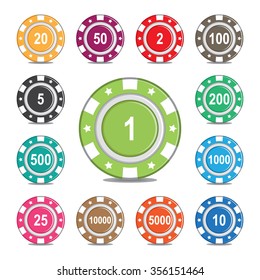 Illustration of a group of poker chips on a white background