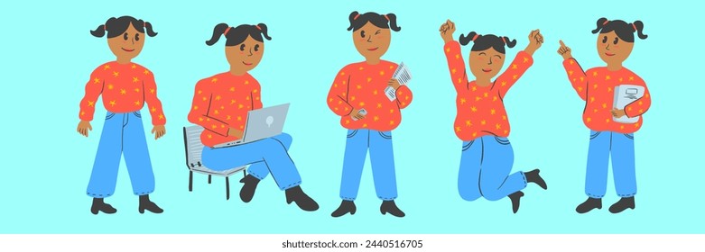 Illustration group poses of brown women who are being college students 