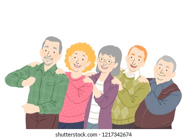 Illustration of a Group of Senior Man and Woman with Hands on Another Persons Shoulder Doing the Conga Dance