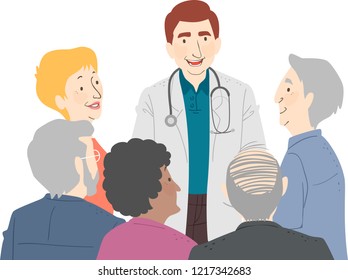 Illustration of a Group of Senior Man and Woman Talking to a Doctor in White Gown with Stethoscope