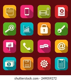 Illustration group simple flat icons of business and financial items, with long shadows - vector