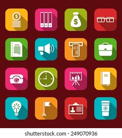 Illustration group simple and trendy flat icons of business and financial items, with long shadows - vector