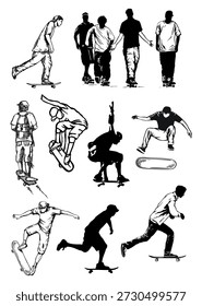 Ilustración de un grupo de patinadores en diferentes posiciones.