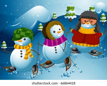 Illustration of a Group of Snowmen Doing Some Mountain Hiking