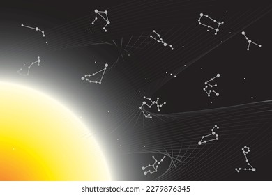 illustration group stars of the zodiac symbol with line on black background.