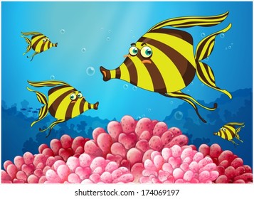 Illustration of a group of stripe-colored fishes under the sea on a white background