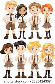 Illustration of a group of students, both boys and girls, wearing school uniforms in a cartoon style