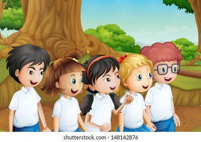 Illustration of a group of students at the forest