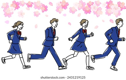 Illustration einer Gruppe von Studenten mit Kirschblüten laufen