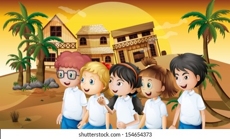 Ilustración de un grupo de estudiantes paseando por el desierto con casas de madera