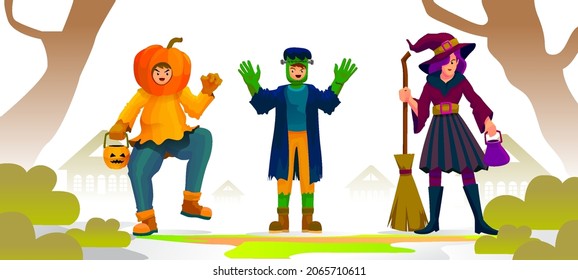 An illustration of group teenager in housing area using witch, pumpkin, and frankenstein costume  bringing pumpkin candy bowls get ready for Trick-or-Treat on halloween day 