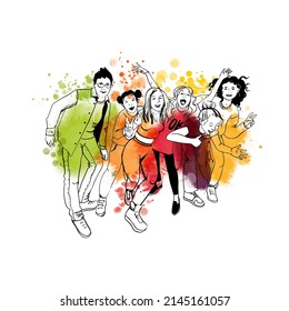 Illustration of a group of teenagers having fun. Vector illustration wit watercolor textur