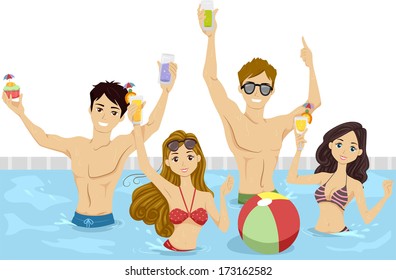 Illustration of a Group of Teenagers Having a Pool Party