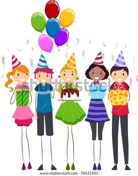 Illustration Group Teens Handing Out Birthday Stock Vector (Royalty ...