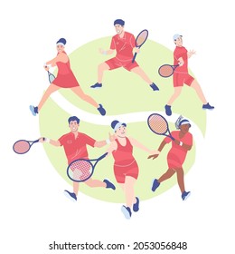 Illustration of a group tennis player with different races ethnic gender, diverse groups of people playing sport. Tennis player concept illustration in an isolated background. Go healthy go sport