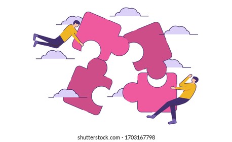 illustration of a group that flies while connecting a puzzle. the concept of teamwork, helping one another, training team cohesiveness. flat design. can be used for elements, landing pages, UI.
