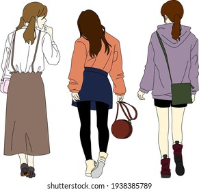 Illustration of a group of three backward-looking girls in plain clothes