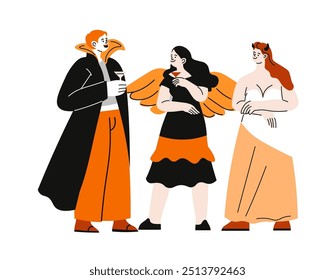 Ilustração de um grupo de três pessoas em trajes de Halloween, incluindo um vampiro, anjo e demônio, de pé e conversando. Ilustração de vetor de estilo plano.