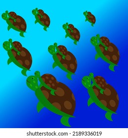 Illustration of a group of turtles swimming towards the surface of the ocean while holding their cubs