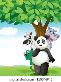 illustration of group of various animals under tree