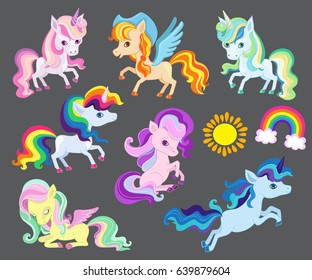 Illustration of group very nice rainbow unicorns. Vector illustration isolated on gray background.