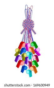 An Illustration Group of Whistles Hanging on Red, White and Blue Stripe Ribbon and Bow The Sport Concept and Democracy Symbol for Against Government and Corruption. 