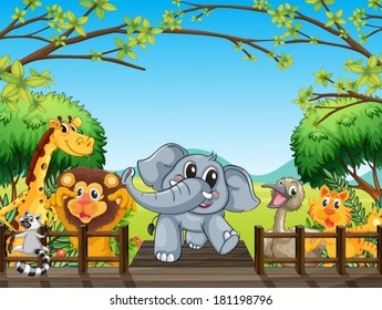 Illustration of a group of wild animals at the bridge in the forest