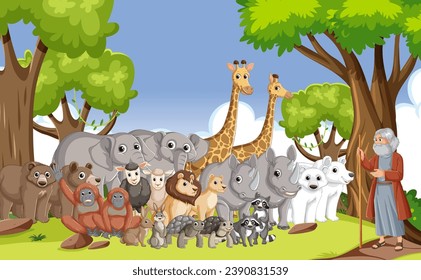 Illustration of a group of wild animals in a cartoon style, inspired by the Noah's Bible story