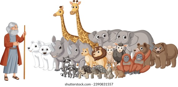 Illustration of a group of wild animals in a cartoon style, depicting the Noah's Bible story