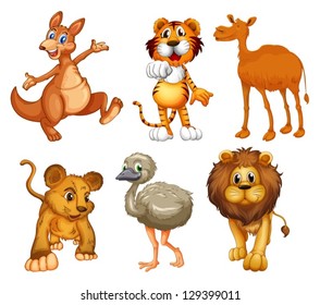 Illustration of a group of wild animals on a white background