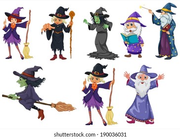 Illustration of a group of witches on a white background