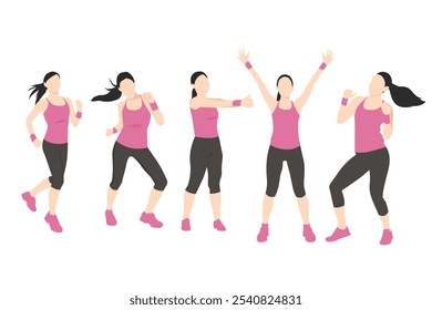 Illustration of a group of women performing various aerobic dance moves, wearing matching pink tops and black leggings.