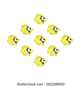 An illustration of a group of yellow tropical fish on the white background. Masked butterfly fish. 