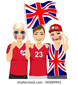 illustration of group of young british soccer fans cheering their national football team