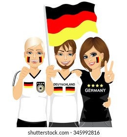 illustration of group of young german soccer fans cheering their national football team