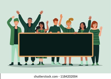 illustration of group of young people holding empty board with colorful fun simple flat cartoon style