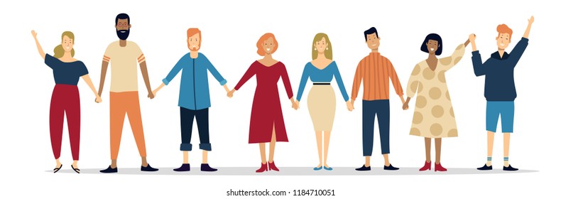 illustration of group of young people holding each other hands with nice smile